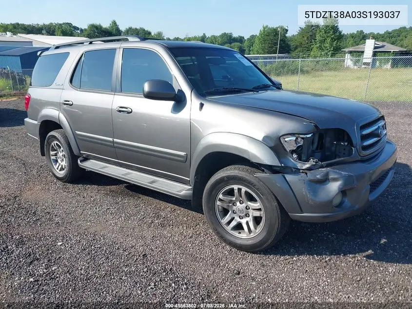 2003 Toyota Sequoia Limited V8 VIN: 5TDZT38A03S193037 Lot: 45563802
