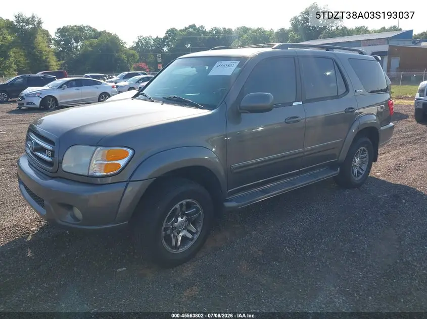 2003 Toyota Sequoia Limited V8 VIN: 5TDZT38A03S193037 Lot: 45563802