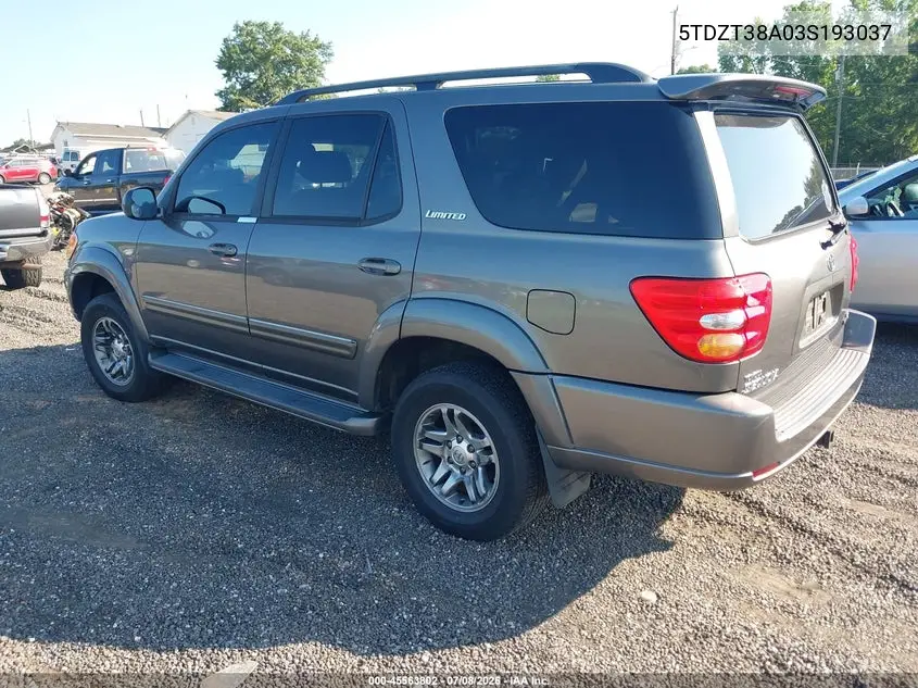 2003 Toyota Sequoia Limited V8 VIN: 5TDZT38A03S193037 Lot: 45563802