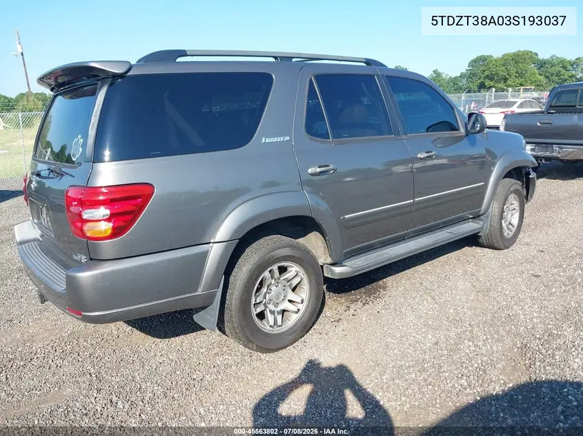 2003 Toyota Sequoia Limited V8 VIN: 5TDZT38A03S193037 Lot: 45563802