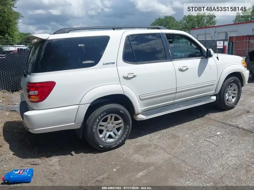 2003 Toyota Sequoia Limited V8 VIN: 5TDBT48A53S158145 Lot: 45637452