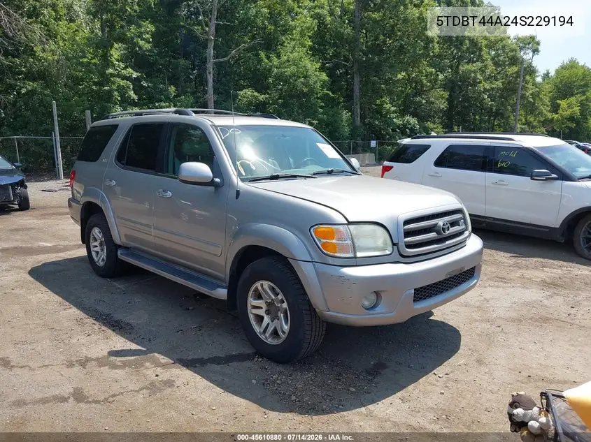2004 Toyota Sequoia Sr5 V8 VIN: 5TDBT44A24S229194 Lot: 45610880