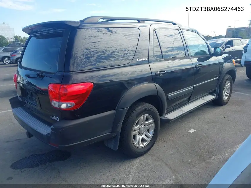 2006 Toyota Sequoia Limited V8 VIN: 5TDZT38A06S274463 Lot: 45624045