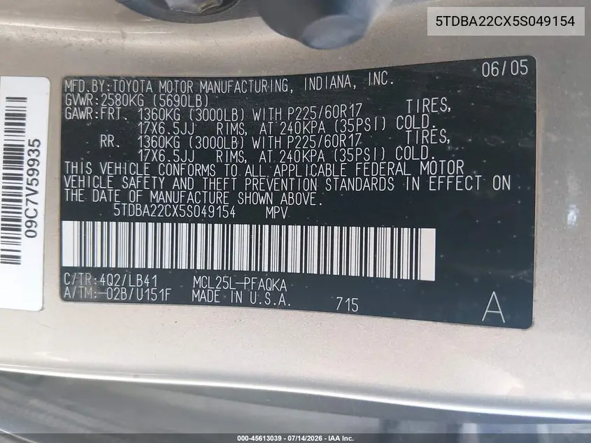 2005 Toyota Sienna Xle VIN: 5TDBA22CX5S049154 Lot: 45613039