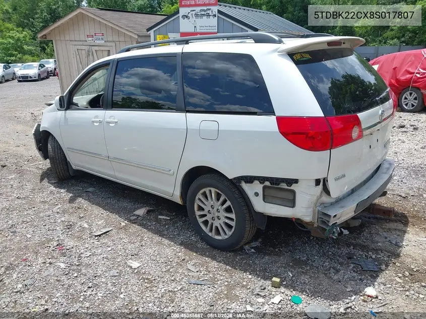 2008 Toyota Sienna Limited VIN: 5TDBK22CX8S017807 Lot: 45385667