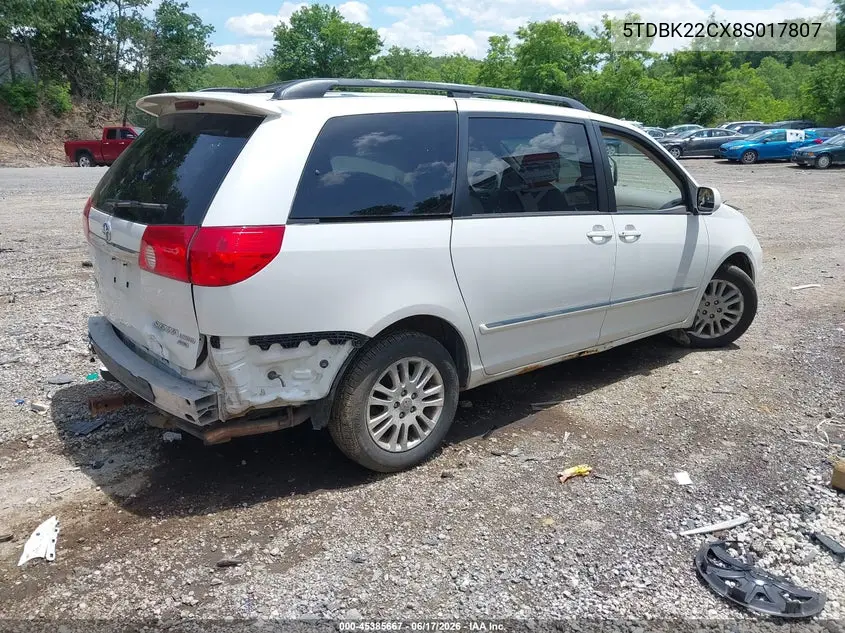 2008 Toyota Sienna Limited VIN: 5TDBK22CX8S017807 Lot: 45385667