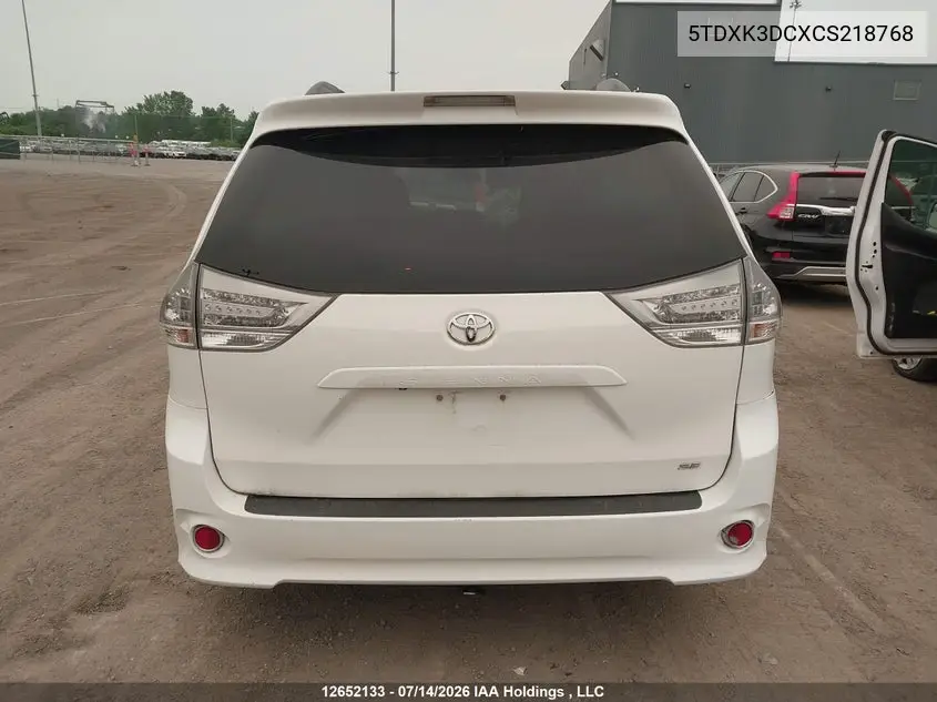 2012 Toyota Sienna Se 8 Passenger VIN: 5TDXK3DCXCS218768 Lot: 12652133x