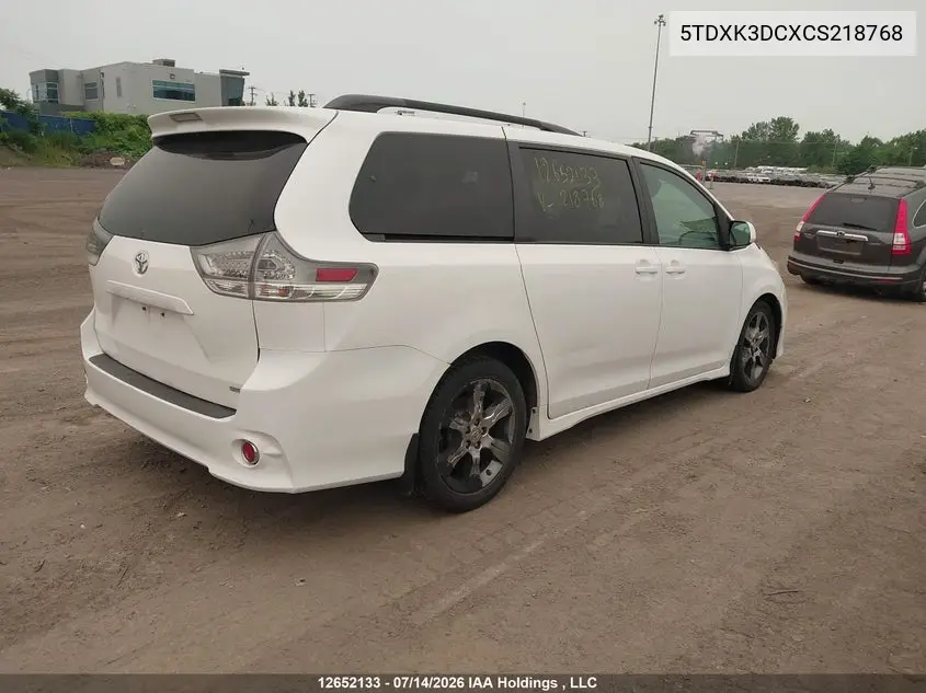 2012 Toyota Sienna Se 8 Passenger VIN: 5TDXK3DCXCS218768 Lot: 12652133x