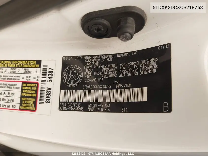 2012 Toyota Sienna Se 8 Passenger VIN: 5TDXK3DCXCS218768 Lot: 12652133x