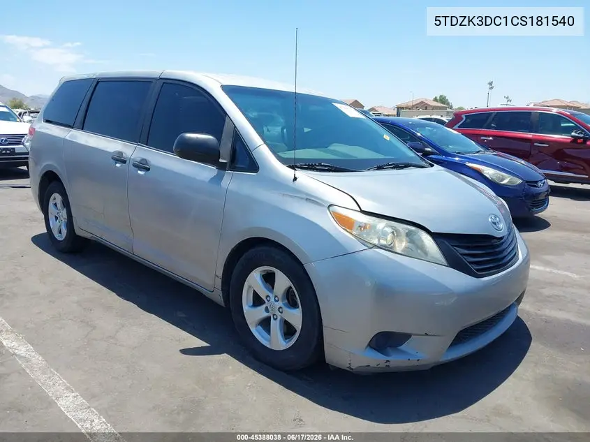 2012 Toyota Sienna Base V6 7 Passenger VIN: 5TDZK3DC1CS181540 Lot: 45388038
