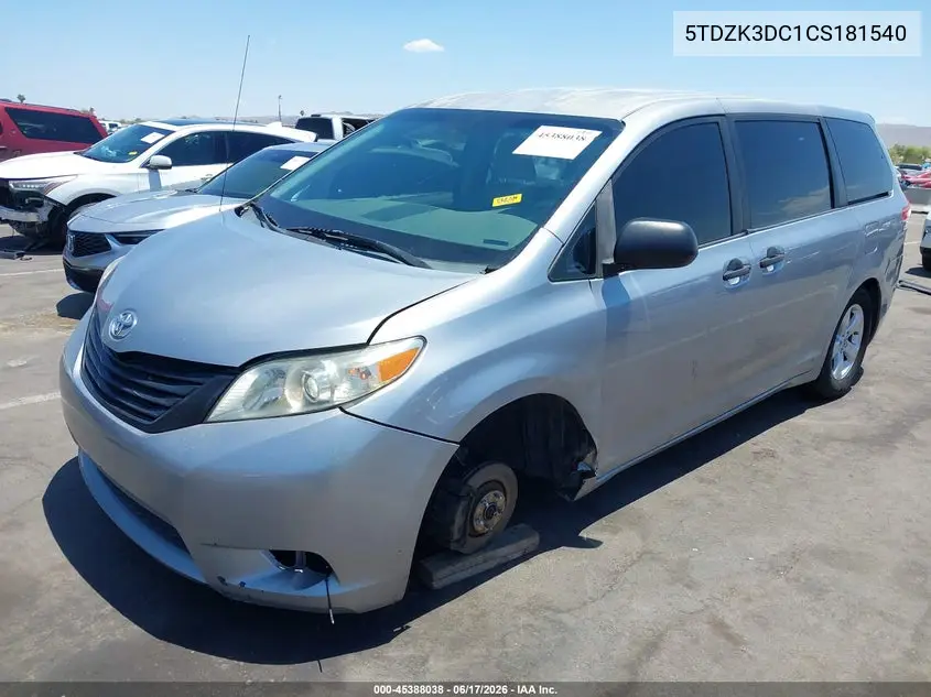 2012 Toyota Sienna Base V6 7 Passenger VIN: 5TDZK3DC1CS181540 Lot: 45388038