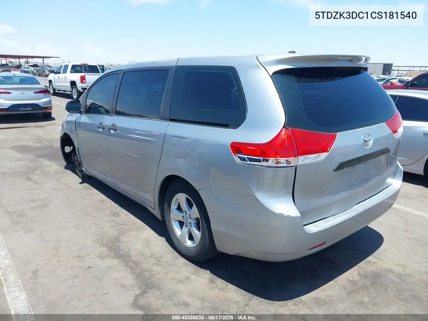 2012 Toyota Sienna Base V6 7 Passenger VIN: 5TDZK3DC1CS181540 Lot: 45388038