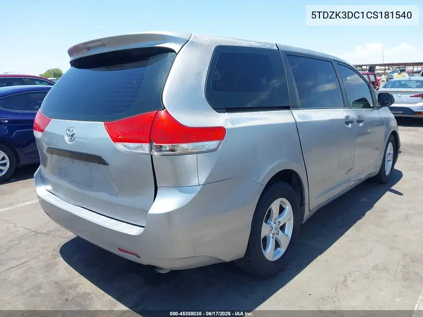2012 Toyota Sienna Base V6 7 Passenger VIN: 5TDZK3DC1CS181540 Lot: 45388038