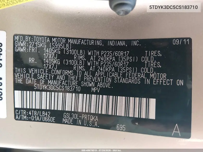 2012 Toyota Sienna Xle V6 8 Passenger VIN: 5TDYK3DC5CS183710 Lot: 45676519