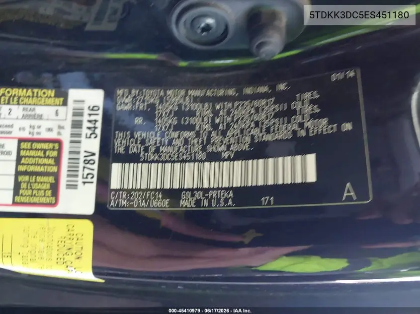 2014 Toyota Sienna Le V6 8 Passenger VIN: 5TDKK3DC5ES451180 Lot: 45410979