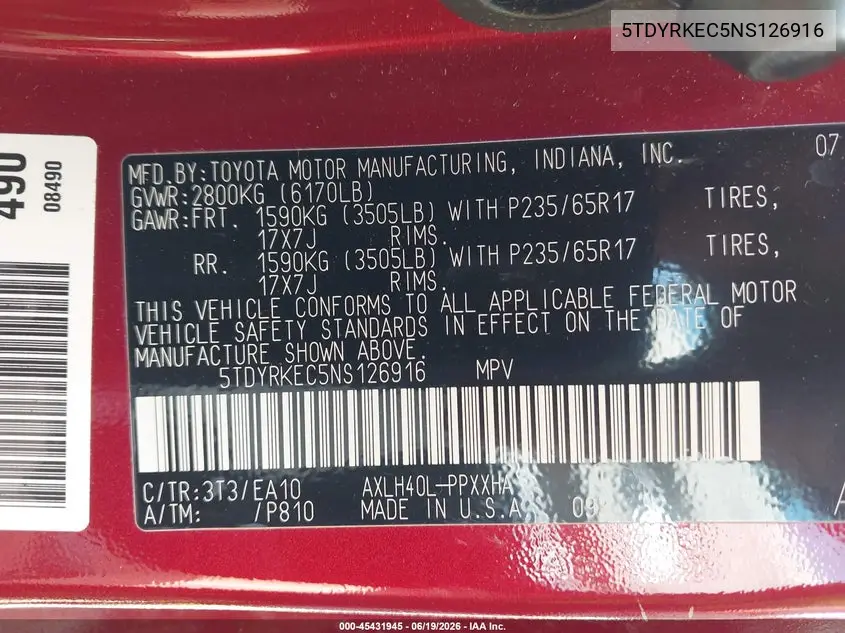 2022 Toyota Sienna Xle VIN: 5TDYRKEC5NS126916 Lot: 45431945