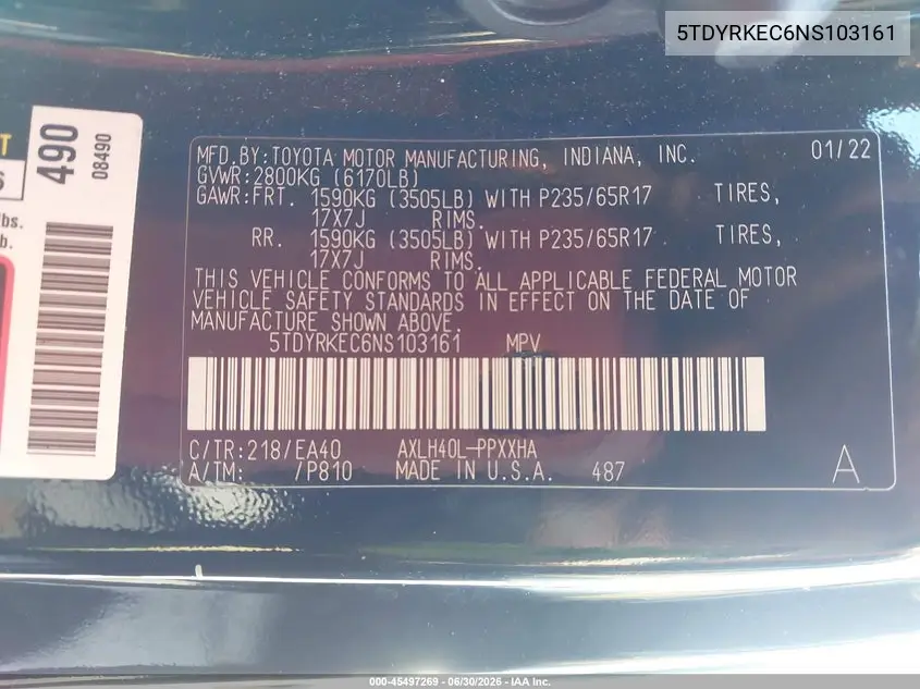 2022 Toyota Sienna Xle VIN: 5TDYRKEC6NS103161 Lot: 45497269