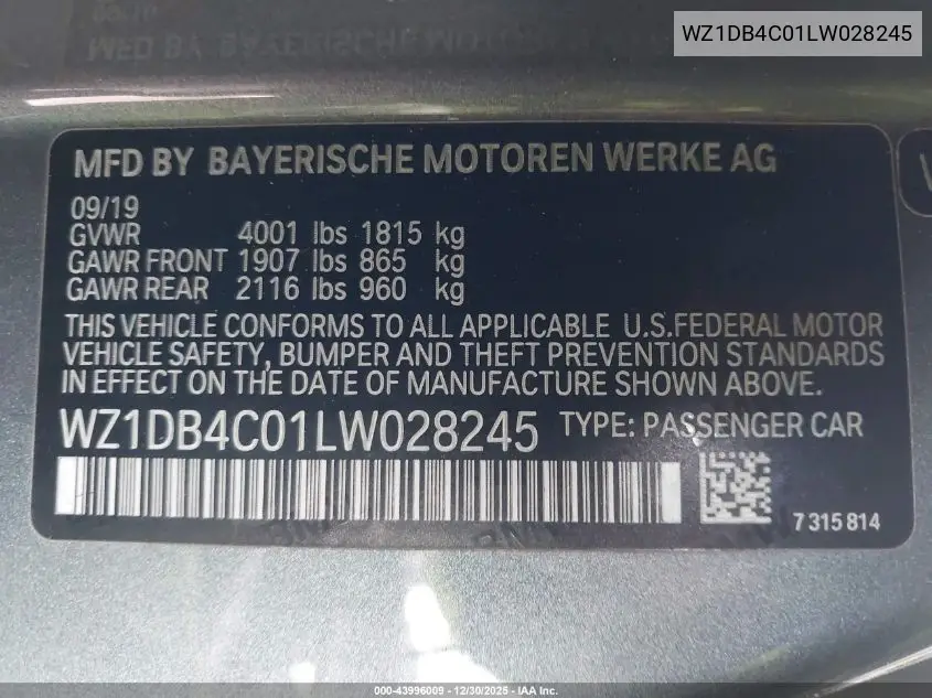 2020 Toyota Gr Supra 3.0 Premium VIN: WZ1DB4C01LW028245 Lot: 43996009