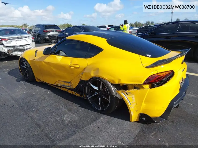 2021 Toyota Gr Supra 3.0 Premium VIN: WZ1DB0C02MW038700 Lot: 45194396