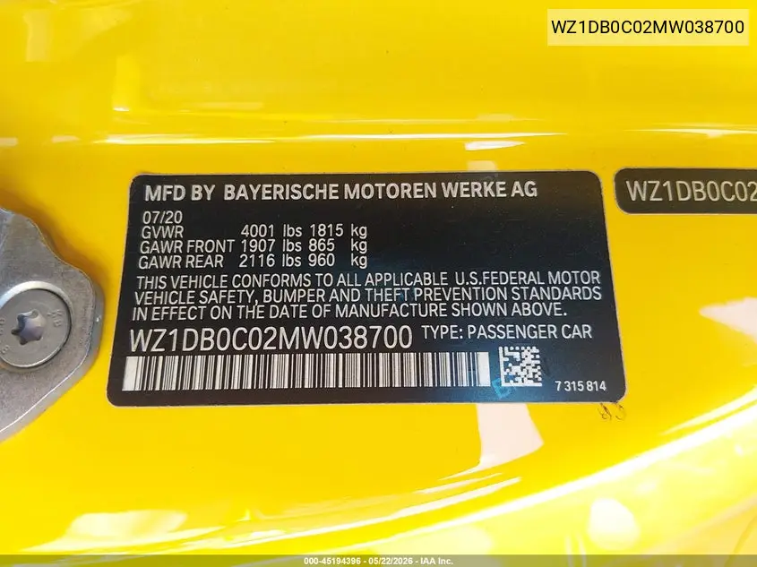 2021 Toyota Gr Supra 3.0 Premium VIN: WZ1DB0C02MW038700 Lot: 45194396