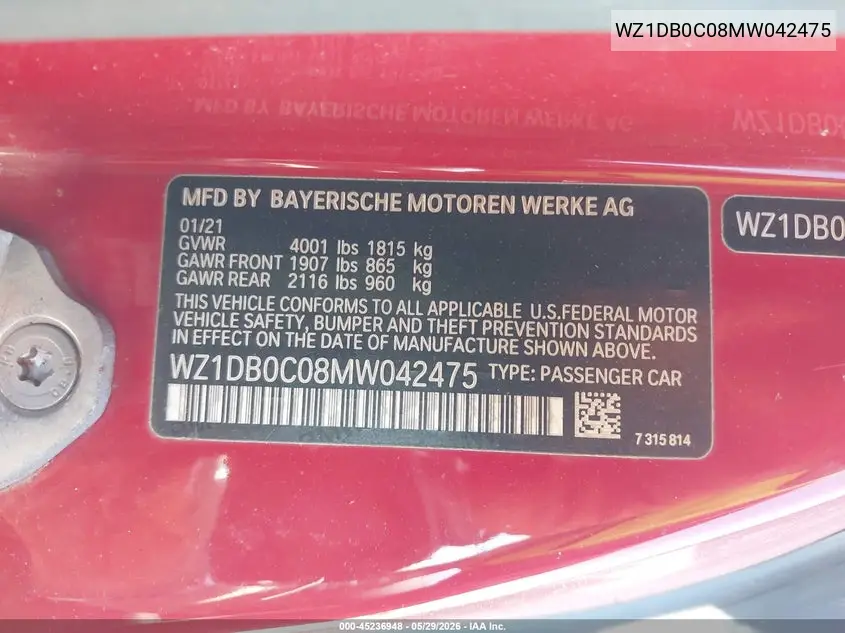 2021 Toyota Gr Supra 3.0 Premium VIN: WZ1DB0C08MW042475 Lot: 45236948