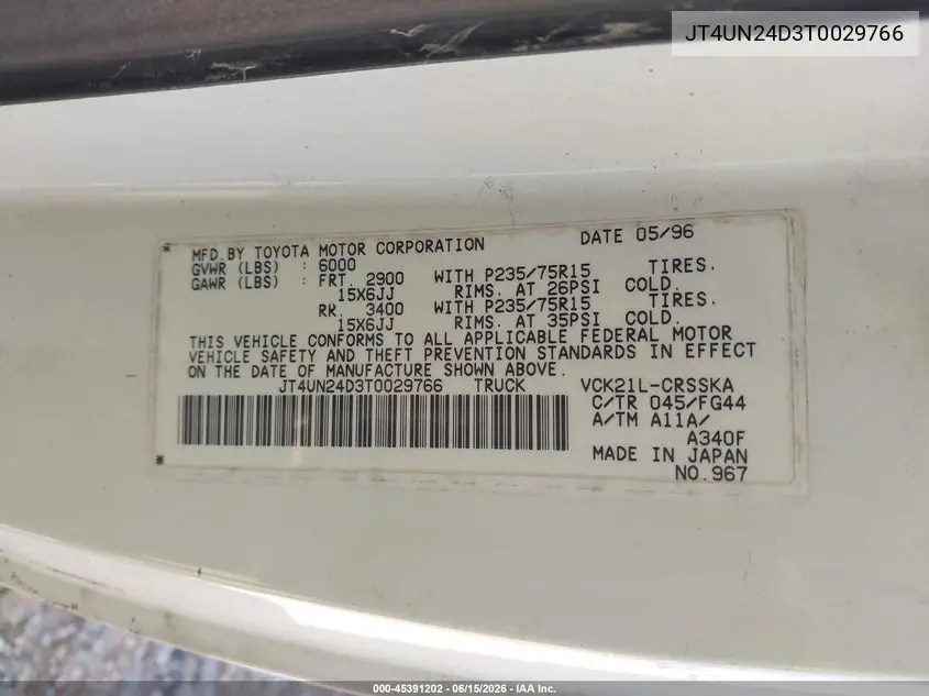 1996 Toyota T100 Xtracab Sr5 VIN: JT4UN24D3T0029766 Lot: 45391202