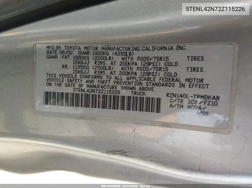 2002 Toyota Tacoma VIN: 5TENL42N72Z115226 Lot: 45468906