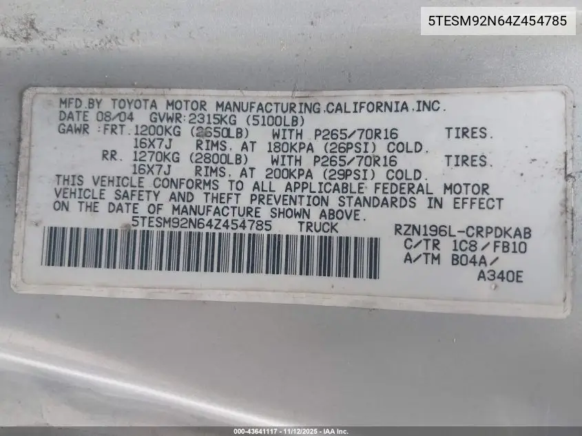 5TESM92N64Z454785 2004 Toyota Tacoma Prerunner