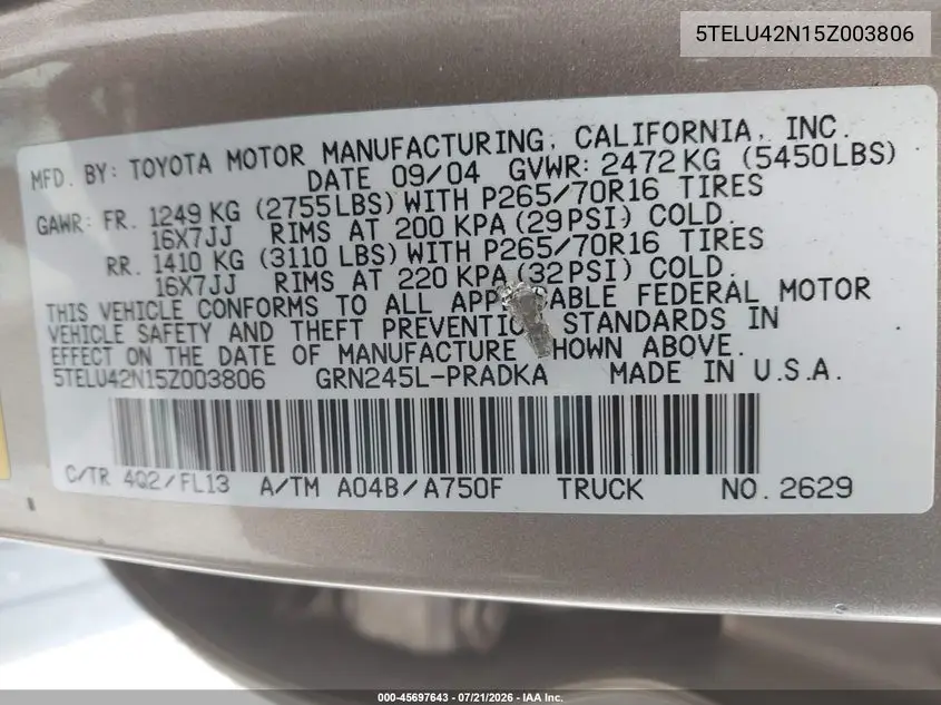 2005 Toyota Tacoma Base V6 VIN: 5TELU42N15Z003806 Lot: 45697643