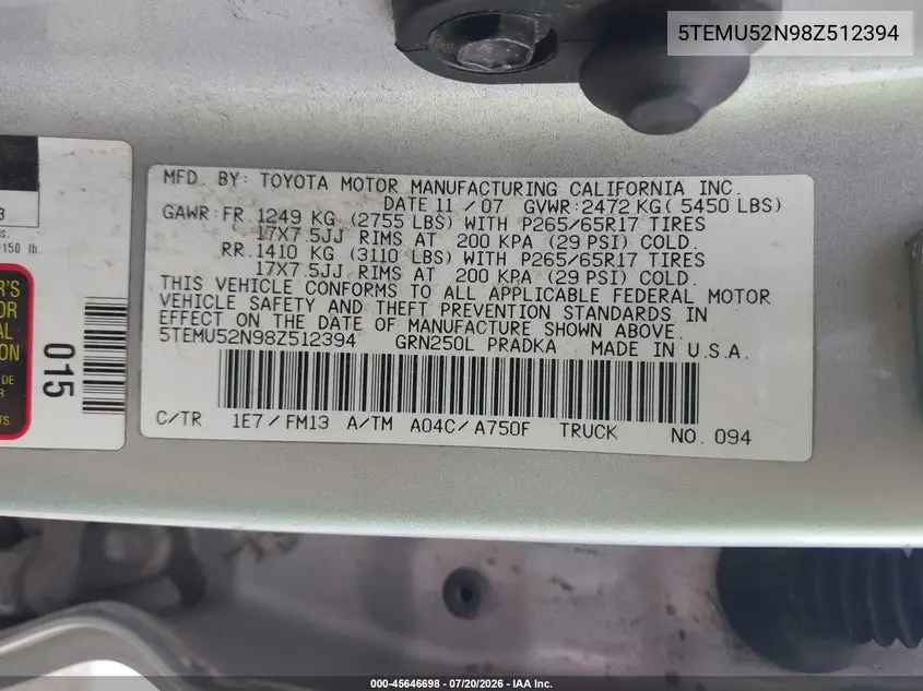 5TEMU52N98Z512394 2008 Toyota Tacoma Base V6