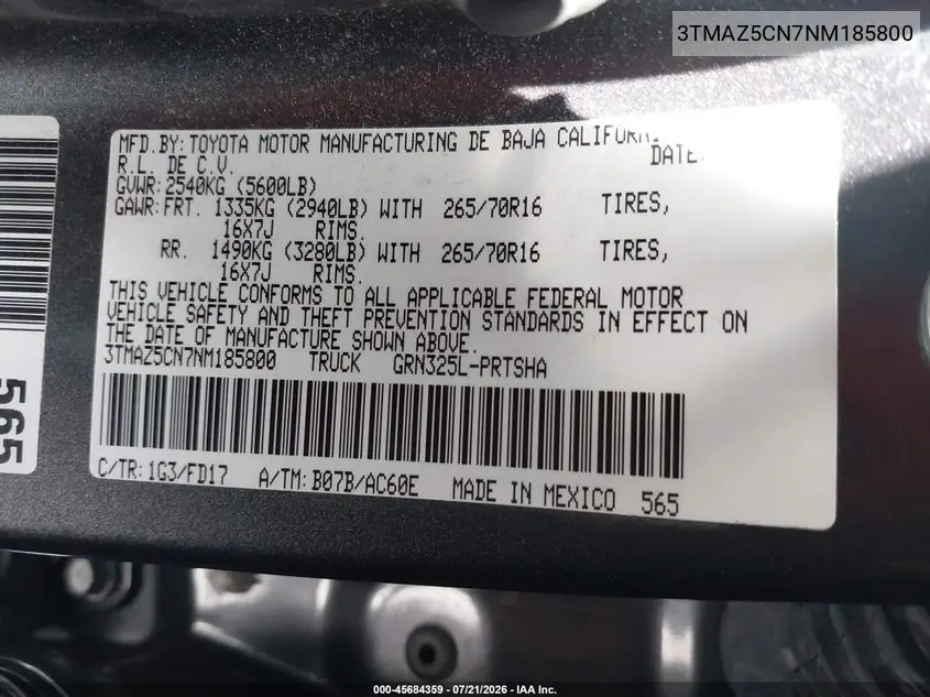 2022 Toyota Tacoma Trd Off Road VIN: 3TMAZ5CN7NM185800 Lot: 45684359