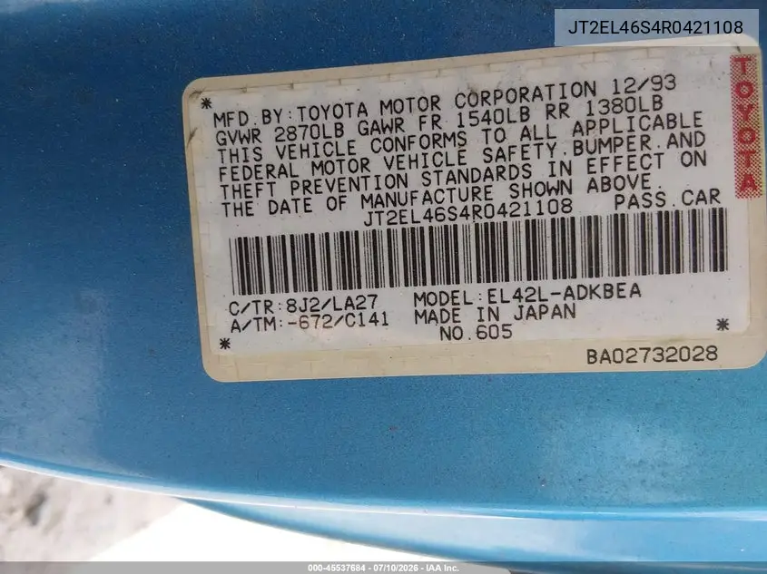 1994 Toyota Tercel Std VIN: JT2EL46S4R0421108 Lot: 45537684