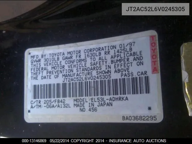 1997 Toyota Tercel Ce VIN: JT2AC52L6V0245305 Lot: 13146869