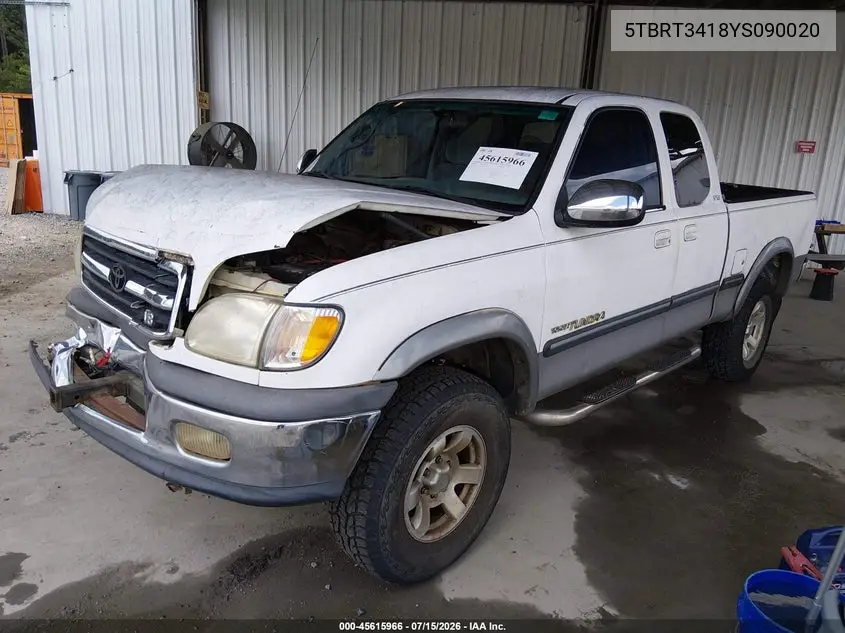 2000 Toyota Tundra Sr5 V8 VIN: 5TBRT3418YS090020 Lot: 45615966