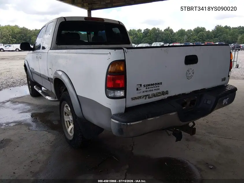 2000 Toyota Tundra Sr5 V8 VIN: 5TBRT3418YS090020 Lot: 45615966