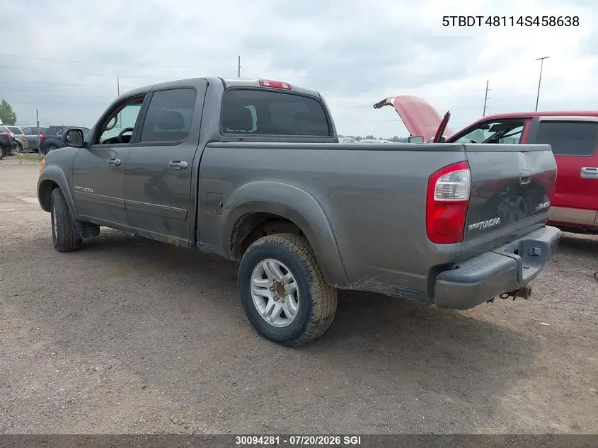 2004 Toyota Tundra Double Cab Limited VIN: 5TBDT48114S458638 Lot: 30094281