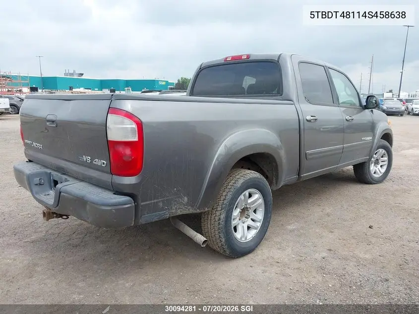 2004 Toyota Tundra Double Cab Limited VIN: 5TBDT48114S458638 Lot: 30094281