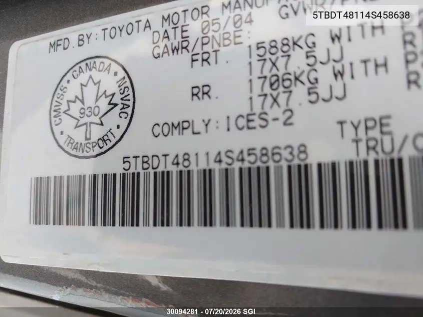 2004 Toyota Tundra Double Cab Limited VIN: 5TBDT48114S458638 Lot: 30094281