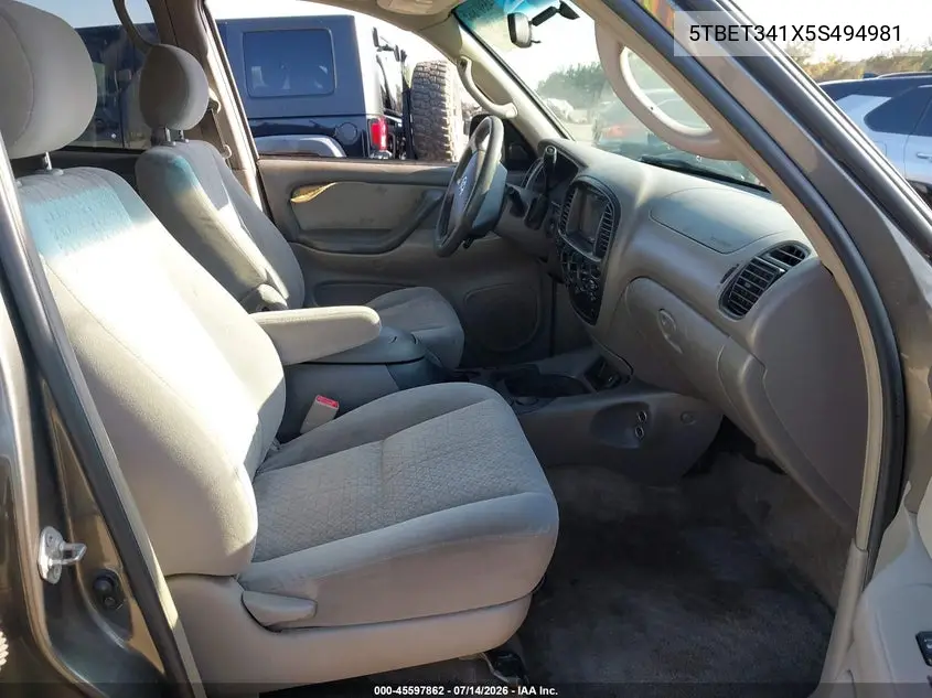 2005 Toyota Tundra Sr5 V8 VIN: 5TBET341X5S494981 Lot: 45597862