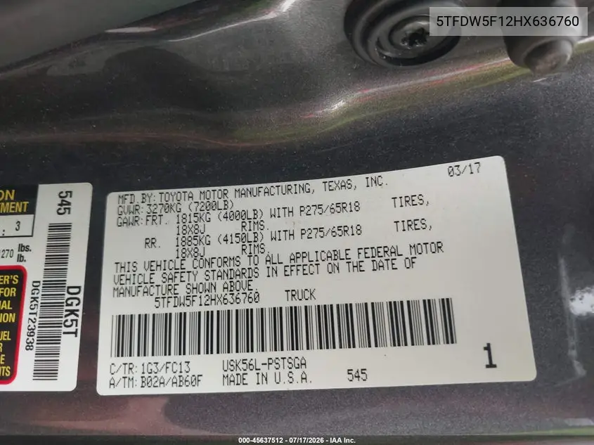 2017 Toyota Tundra Sr5 5.7L V8 VIN: 5TFDW5F12HX636760 Lot: 45637512
