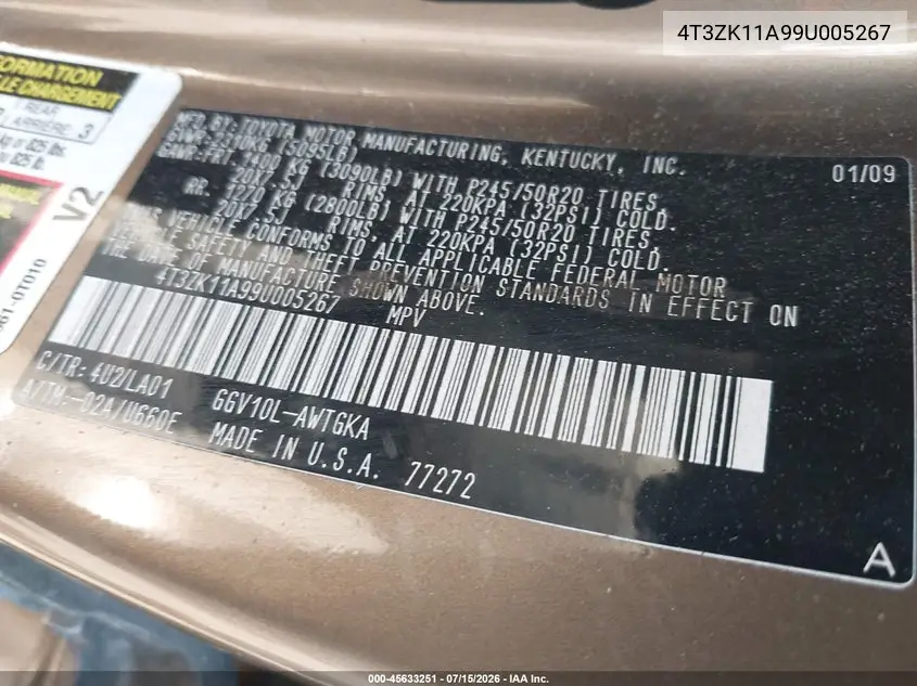 2009 Toyota Venza Base V6 VIN: 4T3ZK11A99U005267 Lot: 45633251