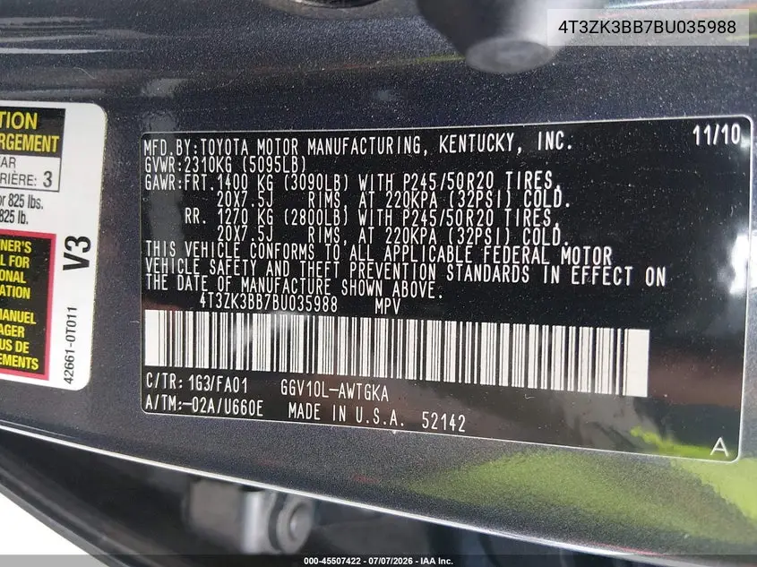 2011 Toyota Venza Base V6 VIN: 4T3ZK3BB7BU035988 Lot: 45507422