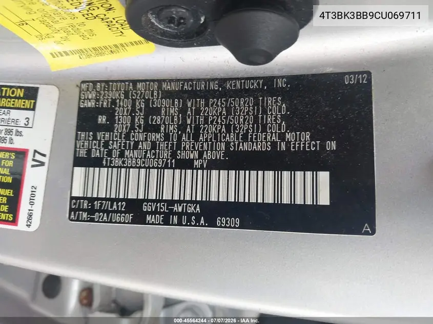 2012 Toyota Venza Limited V6 VIN: 4T3BK3BB9CU069711 Lot: 45564244