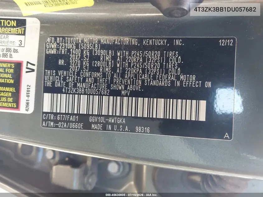 2013 Toyota Venza Le V6 VIN: 4T3ZK3BB1DU057682 Lot: 45630805
