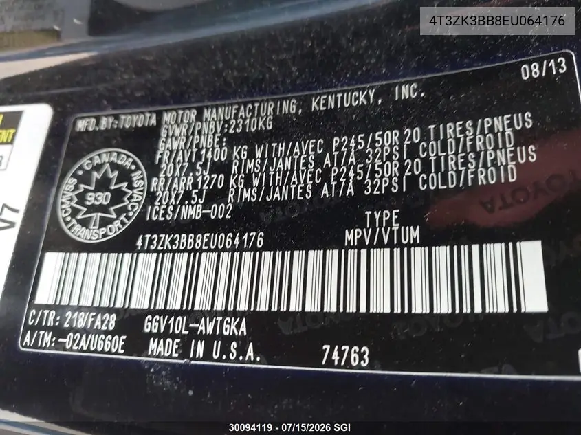 2014 Toyota Venza VIN: 4T3ZK3BB8EU064176 Lot: 30094119
