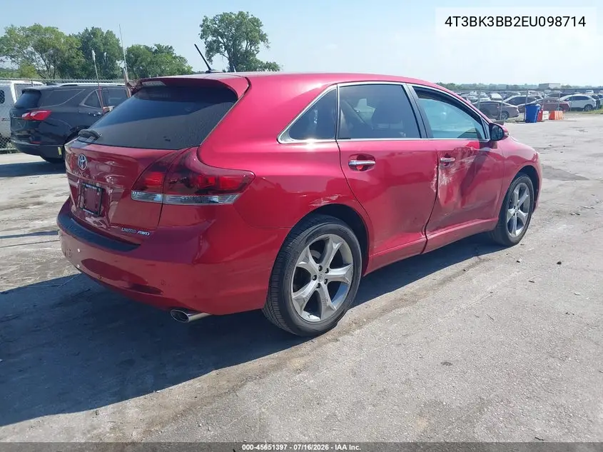 2014 Toyota Venza Limited V6 VIN: 4T3BK3BB2EU098714 Lot: 45651397