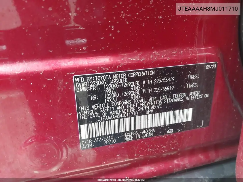 2021 Toyota Venza Limited VIN: JTEAAAAH8MJ011710 Lot: 44997273
