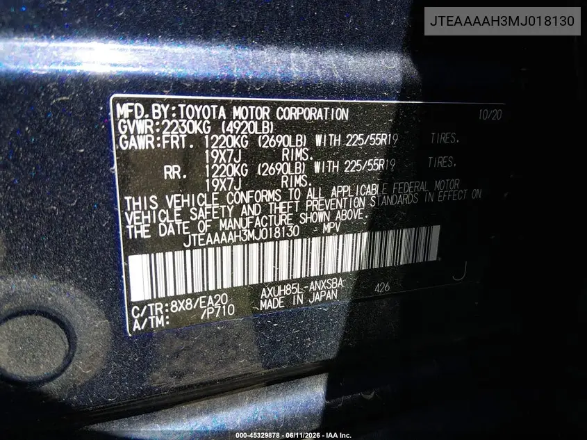 2021 Toyota Venza Limited VIN: JTEAAAAH3MJ018130 Lot: 45329878
