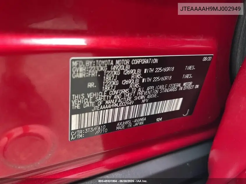 2021 Toyota Venza Le VIN: JTEAAAAH9MJ002949 Lot: 45531804