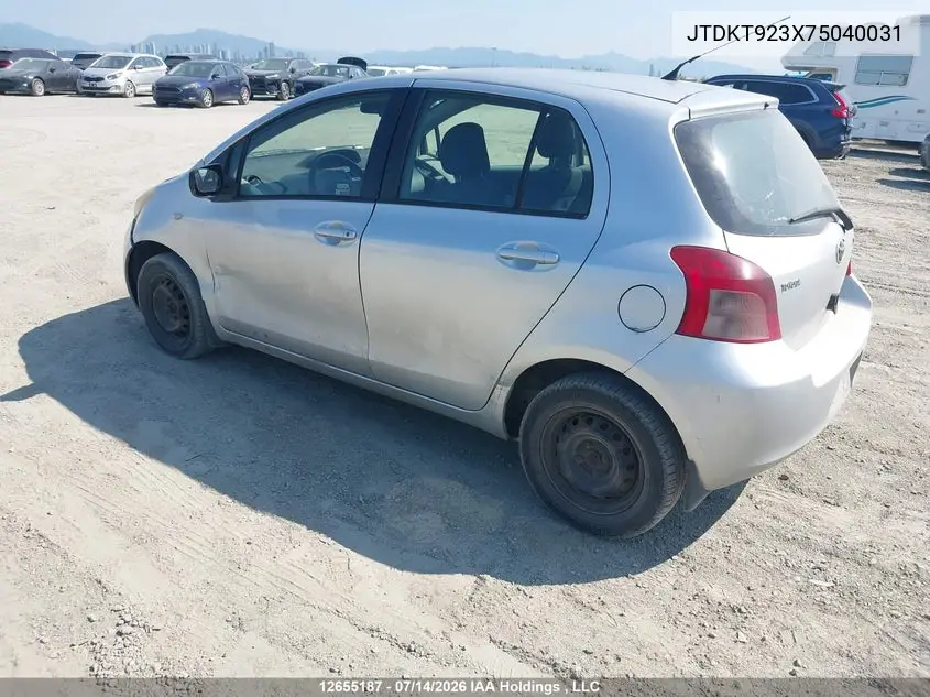 2007 Toyota Yaris Le/Rs VIN: JTDKT923X75040031 Lot: 12655187
